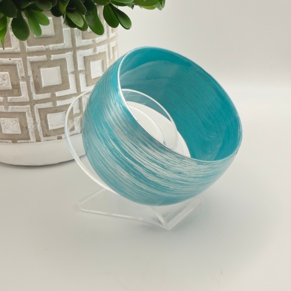 Turquoise Blue Wide Bangle Bracelet Silver Brushed Chunky Mod Statement Vintage